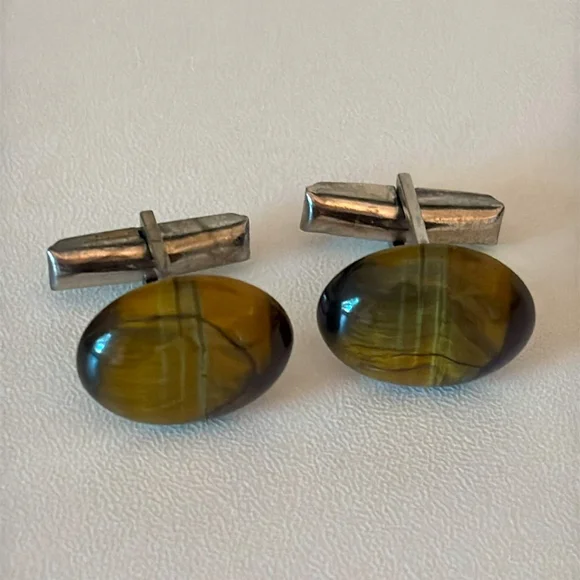 Vintage Tiger's Eye cufflinks silver Tone Brown Accents men's French cuffs - Picture 1 of 9